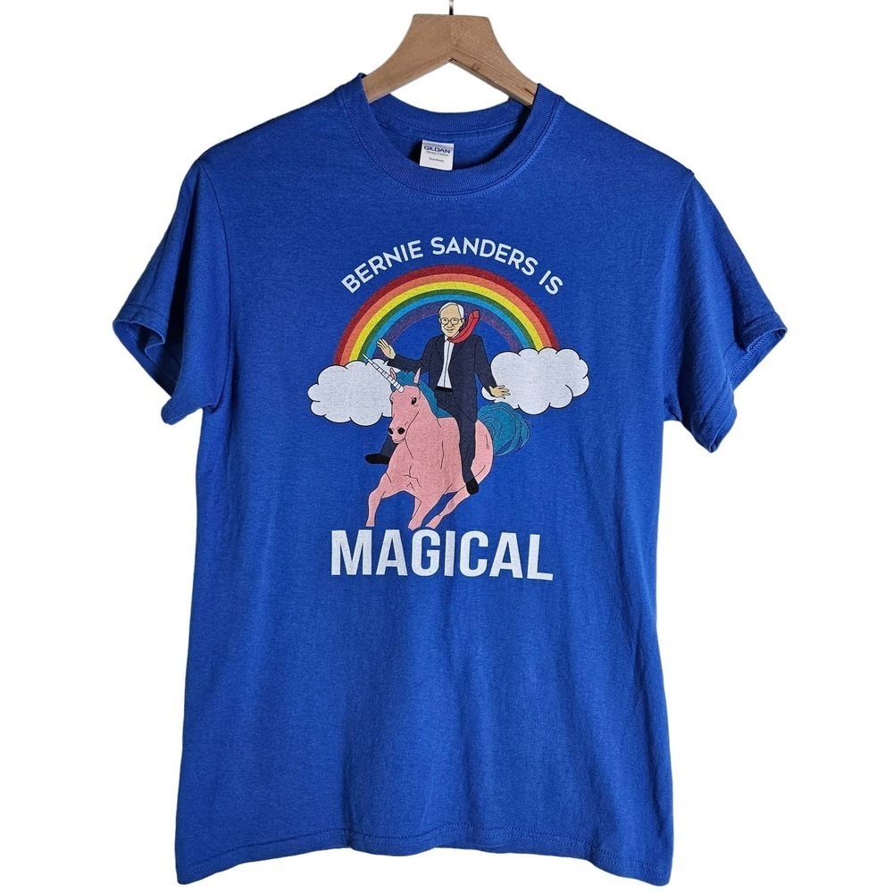 Bernie Is Magical Short Sleeve Tee S Blue Rainbow Unicorn Sanders T-Shirt